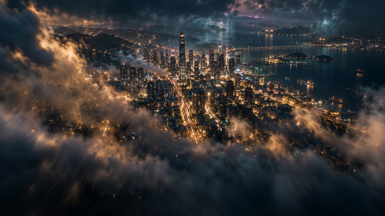 through the clouds over the city
