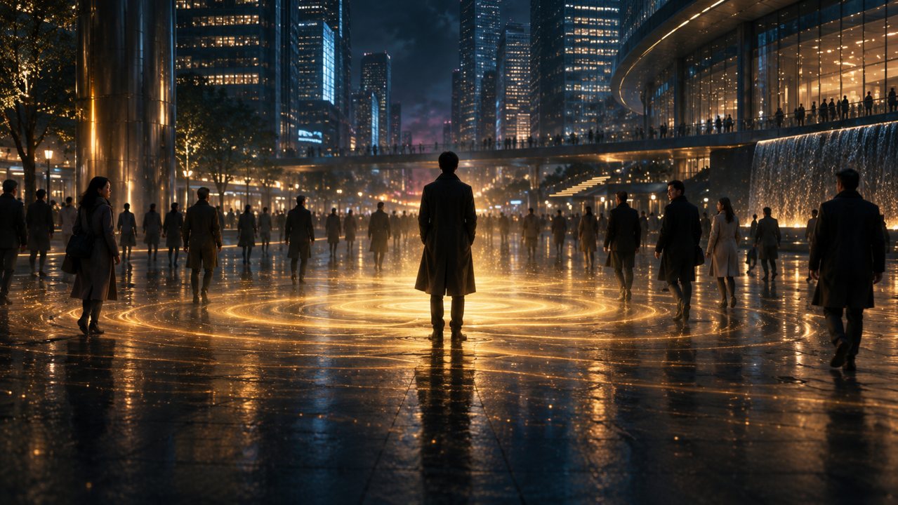 the same plaza: now the light moves outward from the person