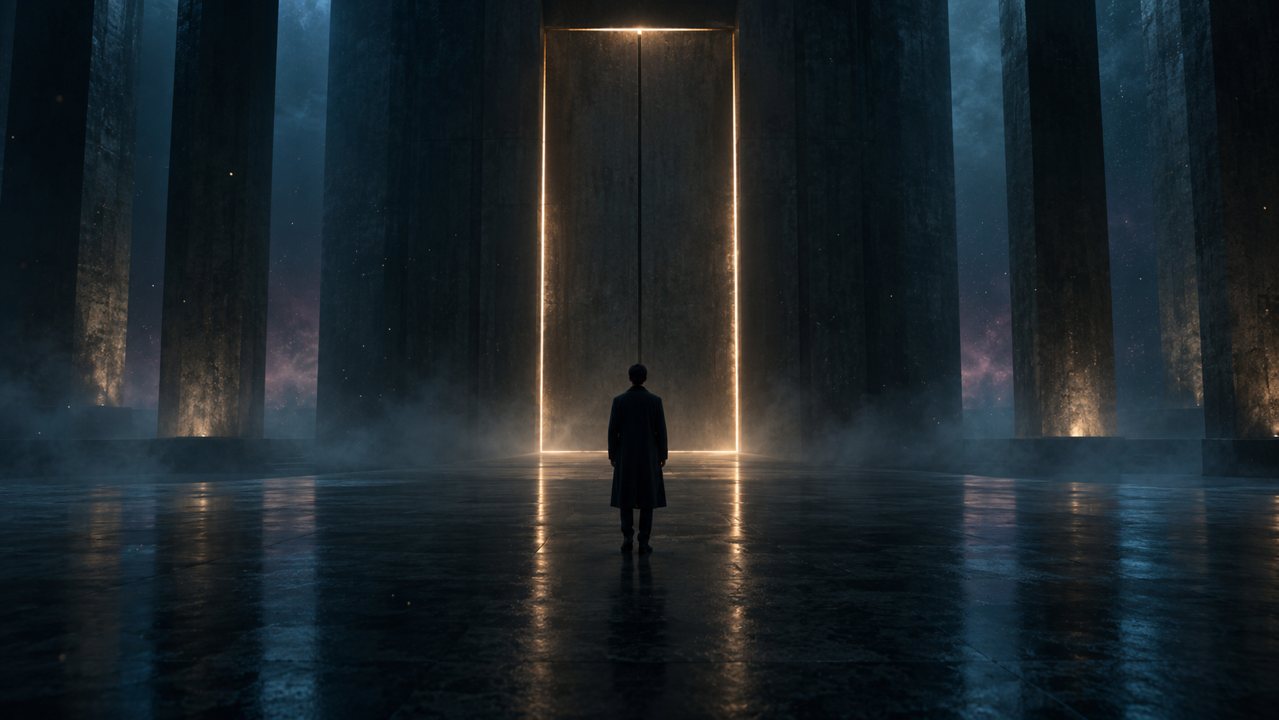 a vast dark space, a simple door, a thin warm line of light