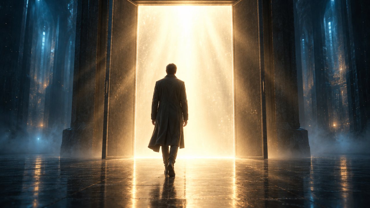 the door opens, light floods toward us